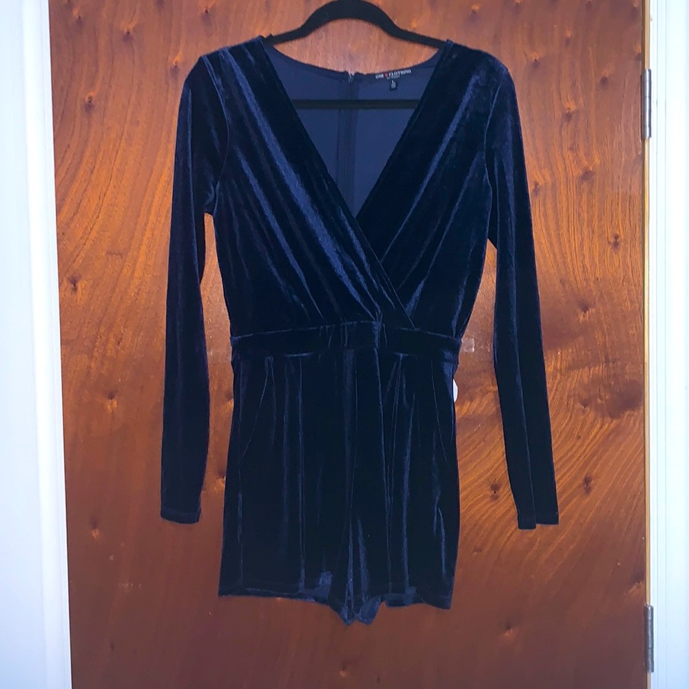 Navy blue Velvet long sleeve, short romper